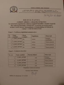 R E Z U L T A T U L evaluării calitative a dosarelor de înscriere la concursul organizat în vederea ocupării funcțiilor vacante (experți) din cadrul proiectului „EXPERTIZĂ -Experienţe de Practică pentru învăţare Activă, Inovare, Sustenabilitate şi Transferabilitate în Educaţie de Calitate ”, COD MYSMIS 317218